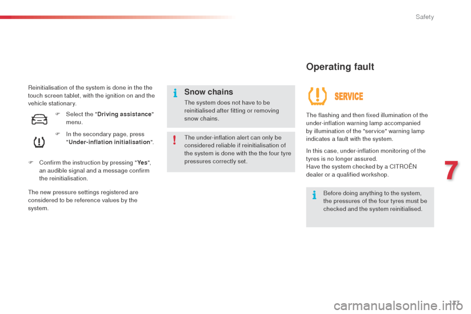 Citroen C4 CACTUS RHD 2014 1.G Owners Manual 133
Reinitialisation of the system is done in the the 
touch screen tablet, with the ignition on and the 
vehicle stationary.F
 
I
 n the secondary page, press 
" Under-inflation initialisation ".
F
 