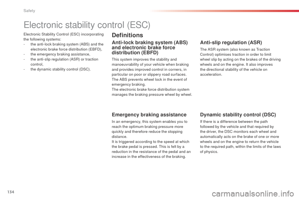 Citroen C4 CACTUS RHD 2014 1.G Owners Manual 134
Electronic Stability Control (ESC) incorporating 
the following systems:
- 
t
 he anti-lock braking system (ABS) and the 
electronic brake force distribution (EBFD),
-
 t

he emergency braking ass