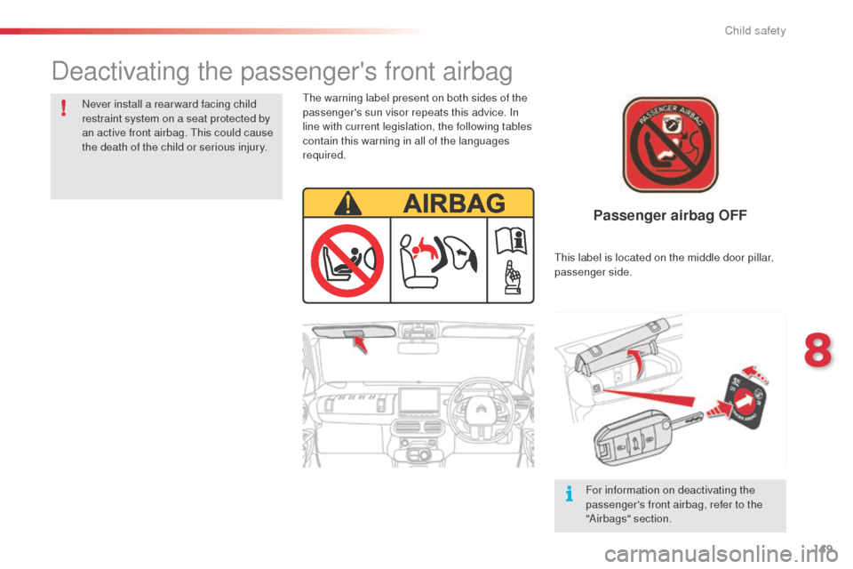 Citroen C4 CACTUS RHD 2014 1.G Owners Manual 149
Passenger airbag OFF
The warning label present on both sides of the 
passengers sun visor repeats this advice. In 
line with current legislation, the following tables 
contain this warning in all