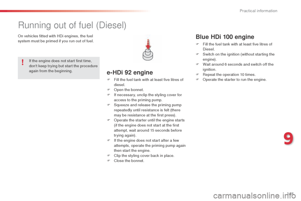 Citroen C4 CACTUS RHD 2014 1.G Owners Manual 165
Running out of fuel (Diesel)
On vehicles fitted with HDi engines, the fuel
system must be primed if you run out of fuel.
e-HDi 92 engine
F Fill the fuel tank with at least five litres of diesel.
Citroen C4 CACTUS RHD 2014 1.G Owners Manual 165
Running out of fuel (Diesel)
On vehicles fitted with HDi engines, the fuel
system must be primed if you run out of fuel.
e-HDi 92 engine
F Fill the fuel tank with at least five litres of diesel.