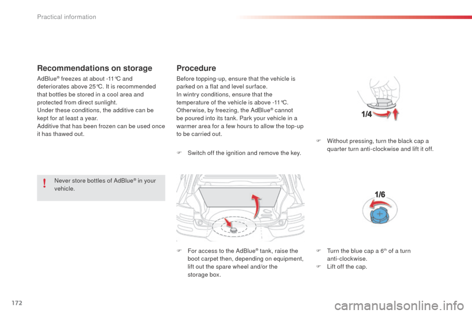 Citroen C4 CACTUS RHD 2014 1.G Owners Manual 172
Recommendations on storage
Never store bottles of AdBlue® in your 
vehicle.
Procedure
F Switch off the ignition and remove the key.
F
 
F
 or access to the AdBlue
® tank, raise the 
boot carpet 