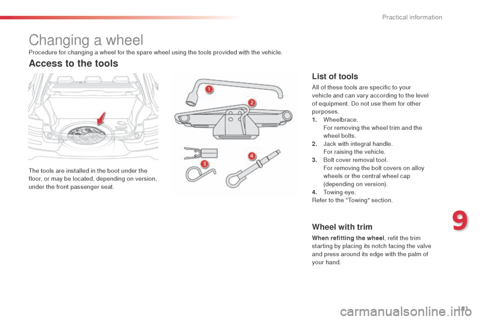 Citroen C4 CACTUS RHD 2014 1.G Owners Manual 181
Changing a wheel
The tools are installed in the boot under the
floor, or may be located, depending on version,
under the front passenger seat.
Access to the tools
List of tools
All of these tool Citroen C4 CACTUS RHD 2014 1.G Owners Manual 181
Changing a wheel
The tools are installed in the boot under the
floor, or may be located, depending on version,
under the front passenger seat.
Access to the tools
List of tools
All of these tool