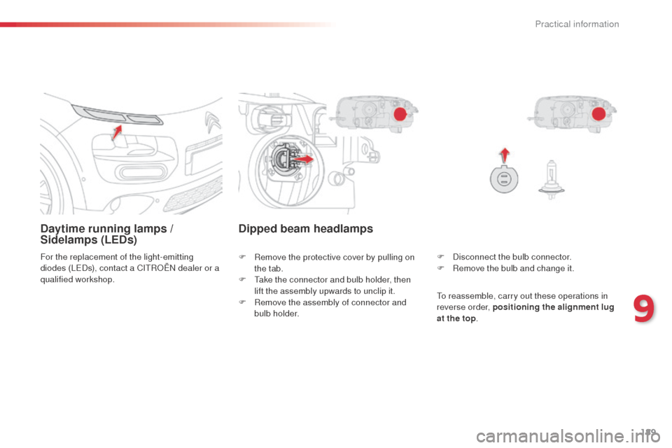 Citroen C4 CACTUS RHD 2014 1.G Owners Manual 189
Daytime running lamps / 
Sidelamps (LEDs)
For the replacement of the light-emitting 
diodes (LEDs), contact a CITROËN dealer or a 
qualified workshop.F
 D isconnect the bulb connector.
F
 
R
 emo