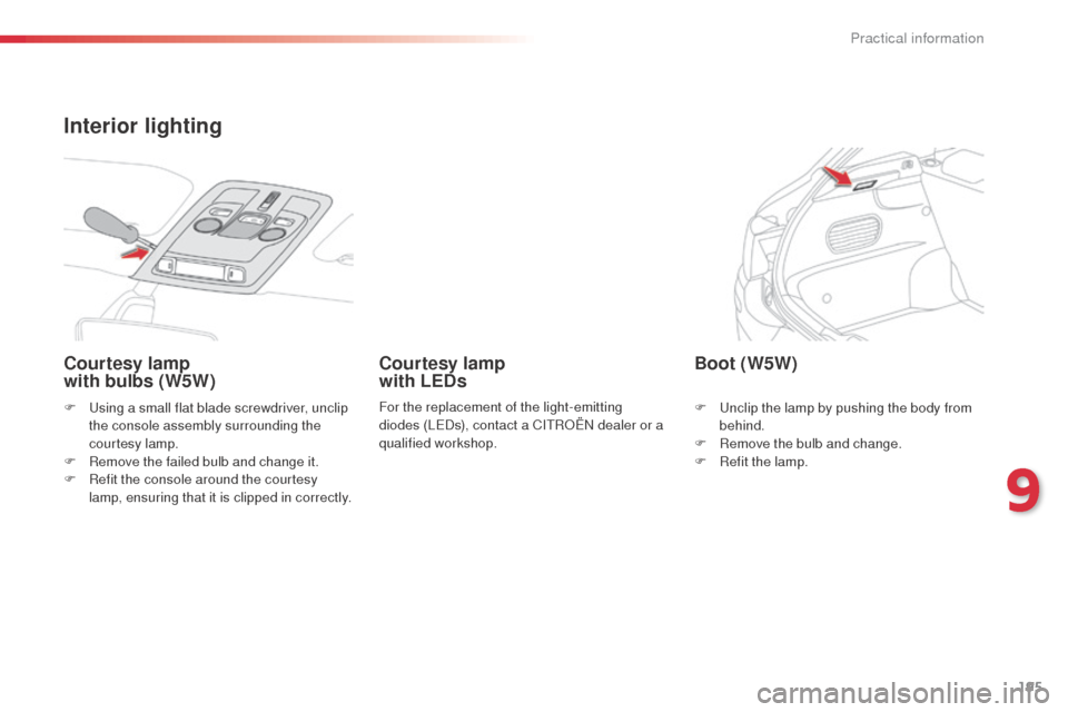Citroen C4 CACTUS RHD 2014 1.G Owners Manual 195
F Using a small flat blade screwdriver, unclip the console assembly surrounding the
courtesy lamp.
F
R
emove the failed bulb and change it.
F
R
efit the console around the courtesy
lamp, e Citroen C4 CACTUS RHD 2014 1.G Owners Manual 195
F Using a small flat blade screwdriver, unclip the console assembly surrounding the
courtesy lamp.
F
R
emove the failed bulb and change it.
F
R
efit the console around the courtesy
lamp, e