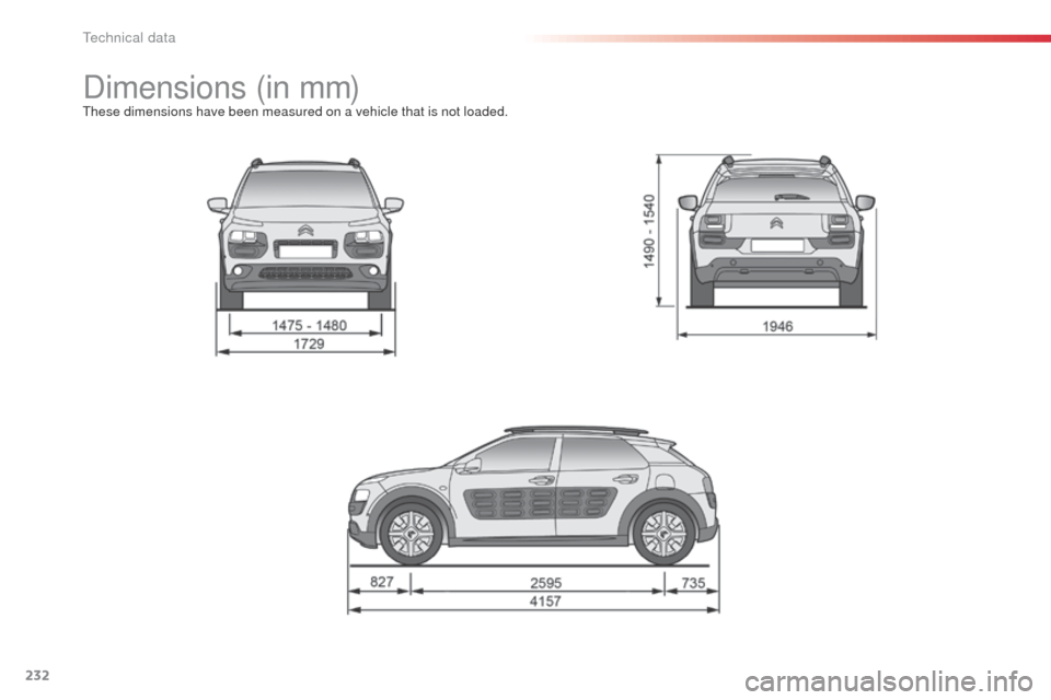 Citroen C4 CACTUS RHD 2014 1.G Owners Manual 232
Dimensions (in mm)These dimensions have been measured on a vehicle that is not loaded.
Technical data Citroen C4 CACTUS RHD 2014 1.G Owners Manual 232
Dimensions (in mm)These dimensions have been measured on a vehicle that is not loaded.
Technical data