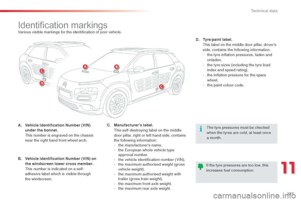 Citroen C4 CACTUS RHD 2014 1.G Owners Manual 233
Identification markingsVarious visible markings for the identification of your vehicle.
A.
 V
ehicle Identification Number (VIN) 
under the bonnet.  
 T

his number is engraved on the chassis 
nea