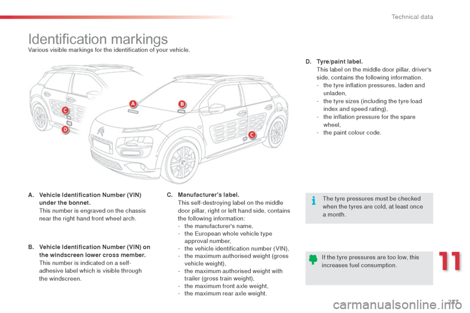 Citroen C4 CACTUS RHD 2014 1.G Owners Manual 233
Identification markingsVarious visible markings for the identification of your vehicle.
A.
V
ehicle Identification Number (VIN)
under the bonnet.
T
his number is engraved on the chassis
nea Citroen C4 CACTUS RHD 2014 1.G Owners Manual 233
Identification markingsVarious visible markings for the identification of your vehicle.
A.
V
ehicle Identification Number (VIN)
under the bonnet.
T
his number is engraved on the chassis
nea