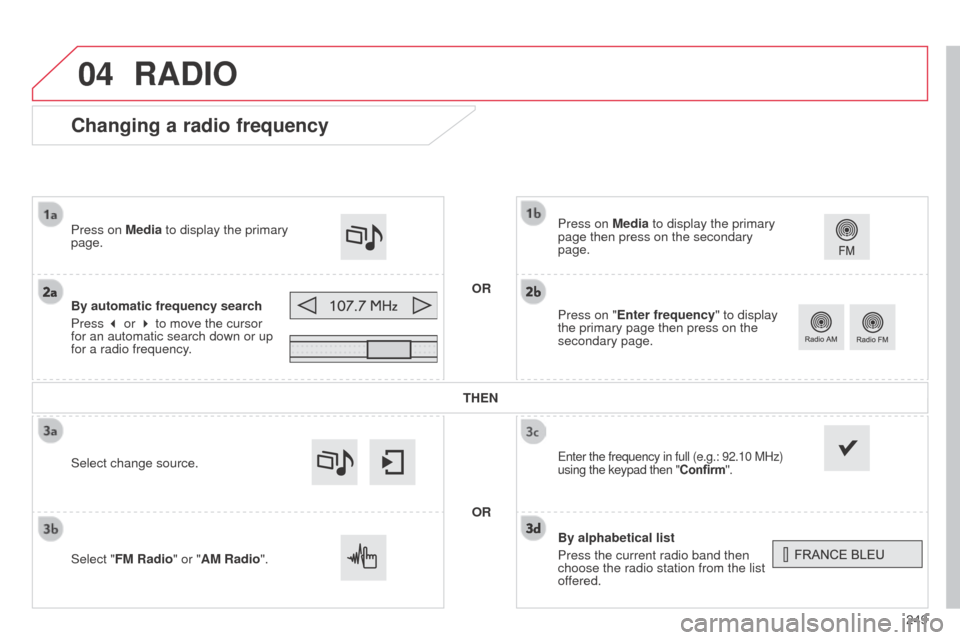 Citroen C4 CACTUS RHD 2014 1.G Workshop Manual 04
249
Changing a radio frequency
By alphabetical list
Press the current radio band then
choose the radio station from the list
offered. Press on Media to display the primary
page then press on the Citroen C4 CACTUS RHD 2014 1.G Workshop Manual 04
249
Changing a radio frequency
By alphabetical list
Press the current radio band then
choose the radio station from the list
offered. Press on Media to display the primary
page then press on the