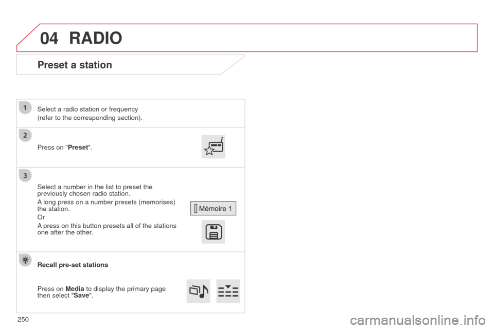Citroen C4 CACTUS RHD 2014 1.G Workshop Manual 04
Preset a station
Press on "Preset".
Select a radio station or frequency
(refer to the corresponding section).
Select a number in the list to preset the
previously chosen radio station.
A long pres Citroen C4 CACTUS RHD 2014 1.G Workshop Manual 04
Preset a station
Press on "Preset".
Select a radio station or frequency
(refer to the corresponding section).
Select a number in the list to preset the
previously chosen radio station.
A long pres