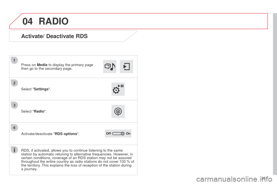 Citroen C4 CACTUS RHD 2014 1.G Workshop Manual 04
251
RADIO
Activate/ Deactivate RDS
Select "Settings". Press on Media to display the primary page
then go to the secondary page.
Select "Radio".
Activate/deactivate "RDS options".
RDS, if activated Citroen C4 CACTUS RHD 2014 1.G Workshop Manual 04
251
RADIO
Activate/ Deactivate RDS
Select "Settings". Press on Media to display the primary page
then go to the secondary page.
Select "Radio".
Activate/deactivate "RDS options".
RDS, if activated