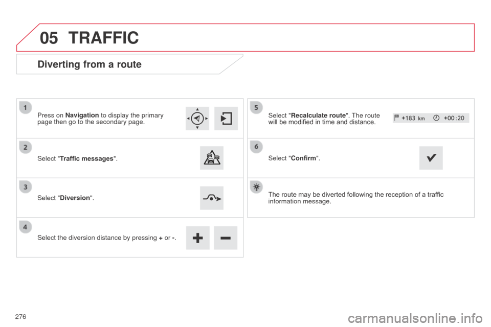 Citroen C4 CACTUS RHD 2014 1.G Manual PDF 05
Diverting from a route
Press on Navigation to display the primary
page then go to the secondary page.
Select "Traffic messages".
Select "Diversion".
Select the diversion distance by pressing + or Citroen C4 CACTUS RHD 2014 1.G Manual PDF 05
Diverting from a route
Press on Navigation to display the primary
page then go to the secondary page.
Select "Traffic messages".
Select "Diversion".
Select the diversion distance by pressing + or