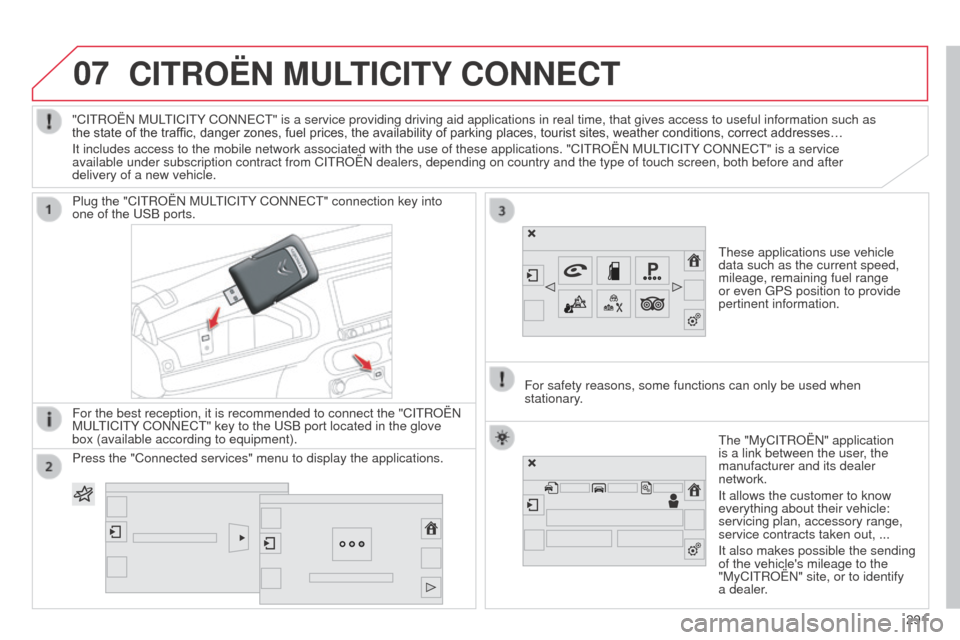Citroen C4 CACTUS RHD 2014 1.G Owners Manual 07CITROËN MULTICITY CONNECT
These applications use vehicle 
data such as the current speed, 
mileage, remaining fuel range 
or even GPS position to provide 
pertinent information.
Plug the "CITROËN 
