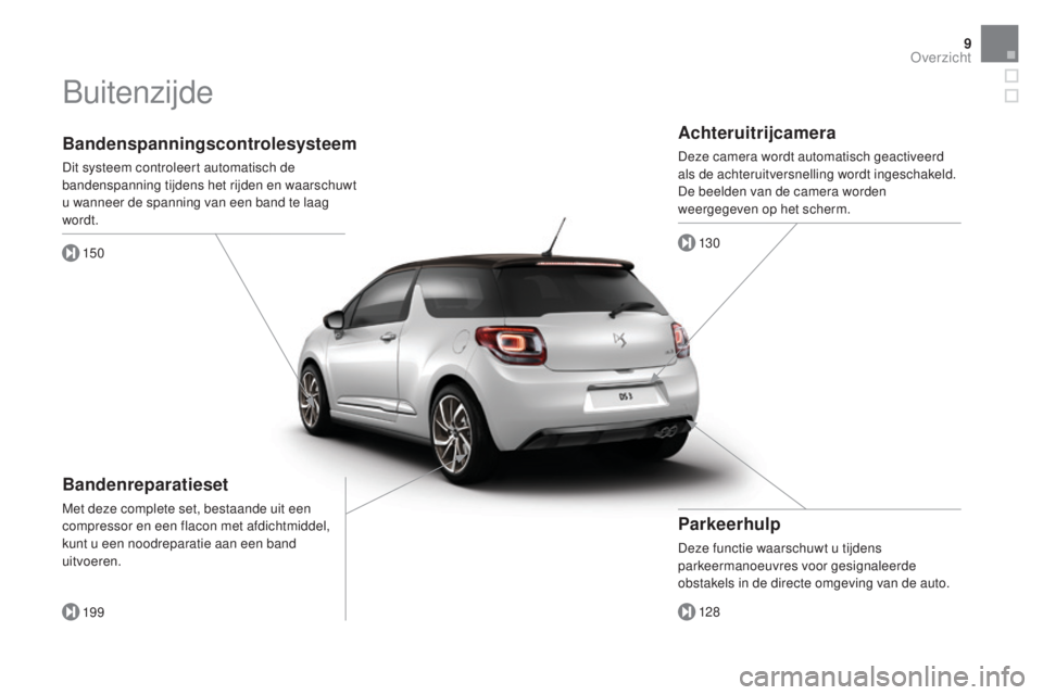 CITROEN DS3 2017 Instructieboekjes (in Dutch) 9
DS3_nl_Chap00b_vue-ensemble_ed02-2015
Bandenspanningscontrolesysteem
Dit systeem controleert automatisch de
bandenspanning tijdens het rijden en waarschuwt
u wanneer de spanning van een band te la CITROEN DS3 2017 Instructieboekjes (in Dutch) 9
DS3_nl_Chap00b_vue-ensemble_ed02-2015
Bandenspanningscontrolesysteem
Dit systeem controleert automatisch de
bandenspanning tijdens het rijden en waarschuwt
u wanneer de spanning van een band te la