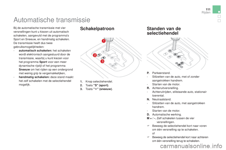 CITROEN DS3 2017 Instructieboekjes (in Dutch) 111
DS3_nl_Chap04_conduite_ed02-2015
Bij de automatische transmissie met vier
versnellingen kunt u kiezen uit automatisch
schakelen, aangevuld met de programma's
Sport en Sneeuw, en handmatig s CITROEN DS3 2017 Instructieboekjes (in Dutch) 111
DS3_nl_Chap04_conduite_ed02-2015
Bij de automatische transmissie met vier
versnellingen kunt u kiezen uit automatisch
schakelen, aangevuld met de programma's
Sport en Sneeuw, en handmatig s