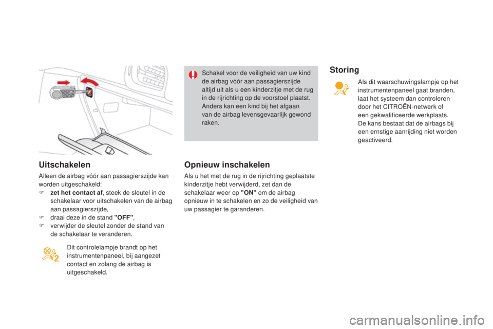 CITROEN DS3 2017 Instructieboekjes (in Dutch) DS3_nl_Chap06_securite_ed02-2015
Uitschakelen
Alleen de airbag vóór aan passagierszijde kan
worden uitgeschakeld:
F
z
et het contact af , steek de sleutel in de
schakelaar voor uitschakelen van CITROEN DS3 2017 Instructieboekjes (in Dutch) DS3_nl_Chap06_securite_ed02-2015
Uitschakelen
Alleen de airbag vóór aan passagierszijde kan
worden uitgeschakeld:
F
z
et het contact af , steek de sleutel in de
schakelaar voor uitschakelen van