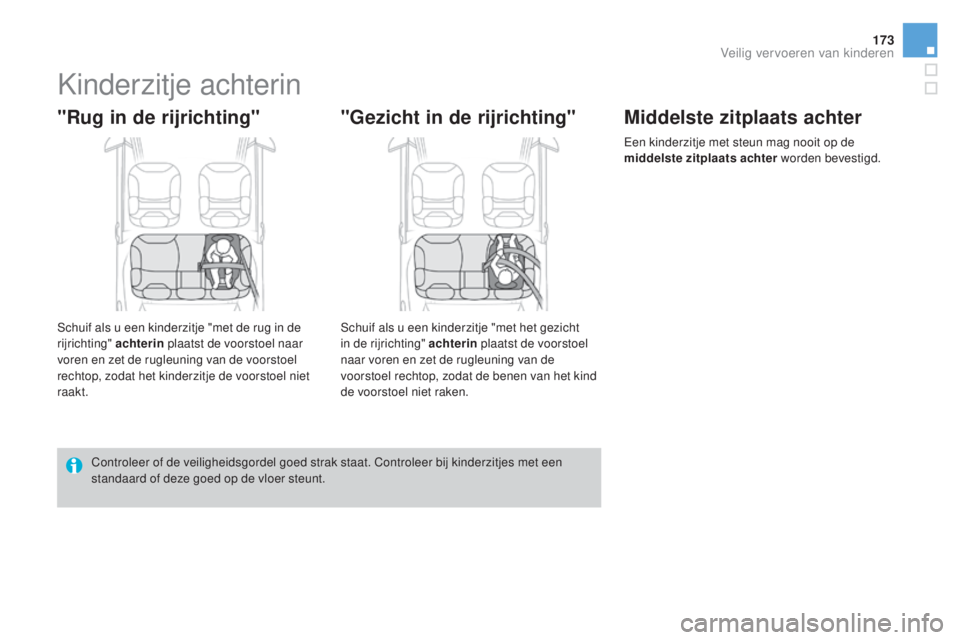 CITROEN DS3 2017  Instructieboekjes (in Dutch) 173
DS3_nl_Chap07_securite-enfants_ed02-2015
Kinderzitje achterin
"Rug in de rijrichting"
Schuif als u een kinderzitje "met de rug in de 
rijrichting" achterin plaatst de voorstoel naa