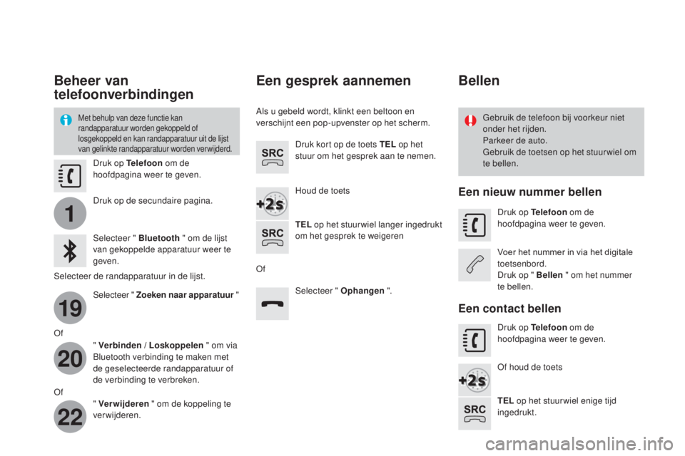 CITROEN DS3 2017  Instructieboekjes (in Dutch) 1
19
20
22
DS3_nl_Chap11c_SMEGplus_ed02-2015
Beheer van 
telefoonverbindingen
Met behulp van deze functie kan 
randapparatuur worden gekoppeld of 
losgekoppeld en kan randapparatuur uit de lijst 
van 
