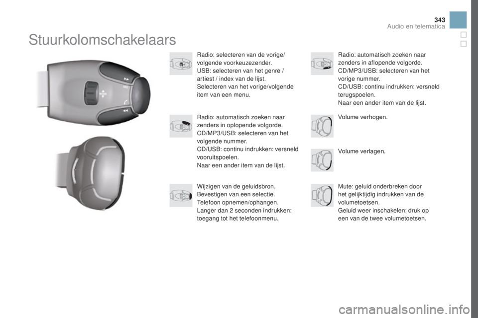 CITROEN DS3 2017 Instructieboekjes (in Dutch) 343
DS3_nl_Chap11d_RD45_ed02-2015
Stuurkolomschakelaars
Radio: selecteren van de vorige/
volgende voorkeuzezender.
USB: selecteren van het genre /
artiest / index van de lijst.
Selecteren van het vor CITROEN DS3 2017 Instructieboekjes (in Dutch) 343
DS3_nl_Chap11d_RD45_ed02-2015
Stuurkolomschakelaars
Radio: selecteren van de vorige/
volgende voorkeuzezender.
USB: selecteren van het genre /
artiest / index van de lijst.
Selecteren van het vor