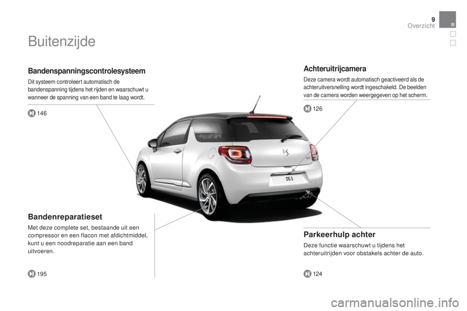 CITROEN DS3 2016 Instructieboekjes (in Dutch) 9
DS3_nl_Chap00b_vue-ensemble_ed01-2015
Bandenspanningscontrolesysteem
Dit systeem controleert automatisch de
bandenspanning tijdens het rijden en waarschuwt u
wanneer de spanning van een band te la CITROEN DS3 2016 Instructieboekjes (in Dutch) 9
DS3_nl_Chap00b_vue-ensemble_ed01-2015
Bandenspanningscontrolesysteem
Dit systeem controleert automatisch de
bandenspanning tijdens het rijden en waarschuwt u
wanneer de spanning van een band te la