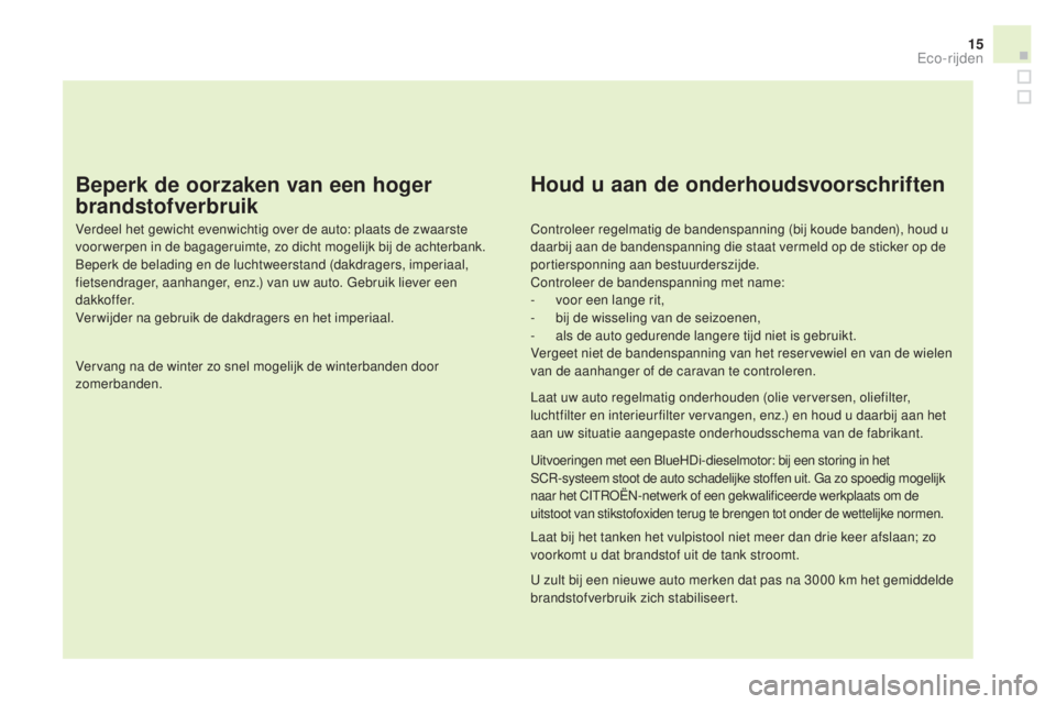 CITROEN DS3 2016 Instructieboekjes (in Dutch) 15
DS3_nl_Chap00c_eco-conduite_ed01-2015
Beperk de oorzaken van een hoger
brandstofverbruik
Verdeel het gewicht evenwichtig over de auto: plaats de zwaarste
voor werpen in de bagageruimte, zo dicht CITROEN DS3 2016 Instructieboekjes (in Dutch) 15
DS3_nl_Chap00c_eco-conduite_ed01-2015
Beperk de oorzaken van een hoger
brandstofverbruik
Verdeel het gewicht evenwichtig over de auto: plaats de zwaarste
voor werpen in de bagageruimte, zo dicht