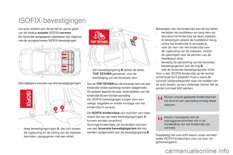 CITROEN DS3 2016 Instructieboekjes (in Dutch) DS3_nl_Chap07_securite-enfants_ed01-2015
Uw auto voldoet aan de bij het ter perse gaan
van dit boekje actuele ISOFIX-normen.
De hieronder aangegeven zitplaatsen zijn uitgerust
met de voorgeschreven CITROEN DS3 2016 Instructieboekjes (in Dutch) DS3_nl_Chap07_securite-enfants_ed01-2015
Uw auto voldoet aan de bij het ter perse gaan
van dit boekje actuele ISOFIX-normen.
De hieronder aangegeven zitplaatsen zijn uitgerust
met de voorgeschreven