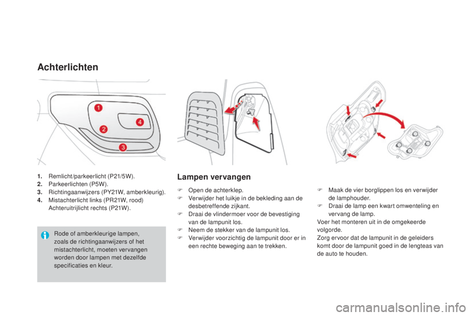 CITROEN DS3 2016 Instructieboekjes (in Dutch) DS3_nl_Chap08_info-pratiques_ed01-2015
1. Remlicht/parkeerlicht (P21/5W).
2. Parkeerlichten (P5W).
3.
R
ichtingaanwijzers (PY21W, amberkleurig).
4.
M
istachterlicht links (PR21W, rood)
A
cht CITROEN DS3 2016 Instructieboekjes (in Dutch) DS3_nl_Chap08_info-pratiques_ed01-2015
1. Remlicht/parkeerlicht (P21/5W).
2. Parkeerlichten (P5W).
3.
R
ichtingaanwijzers (PY21W, amberkleurig).
4.
M
istachterlicht links (PR21W, rood)
A
cht