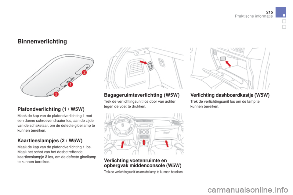CITROEN DS3 2016 Instructieboekjes (in Dutch) 215
DS3_nl_Chap08_info-pratiques_ed01-2015
Binnenverlichting
Plafondverlichting (1 / W5W)
Maak de kap van de plafondverlichting 1 met
e en dunne schroevendraaier los, aan de zijde
van de schakelaar, CITROEN DS3 2016 Instructieboekjes (in Dutch) 215
DS3_nl_Chap08_info-pratiques_ed01-2015
Binnenverlichting
Plafondverlichting (1 / W5W)
Maak de kap van de plafondverlichting 1 met
e en dunne schroevendraaier los, aan de zijde
van de schakelaar,