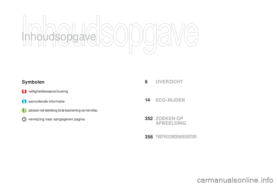 CITROEN DS3 2016  Instructieboekjes (in Dutch) DS3_nl_Chap00a_sommaire_ed01-2015
Inhoudsopgave
OVER ZICHT
Symbolen
veiligheidswaarschuwing
aanvullende informatie
adviezen met betrekking tot de bescherming van het milieu
verwijzing naar aangegeven 