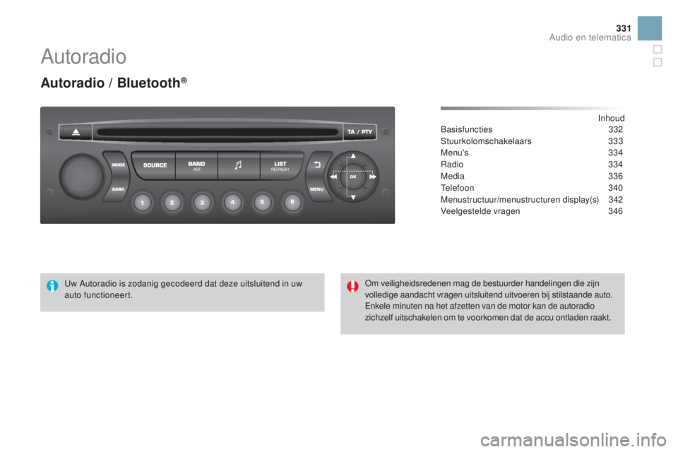 CITROEN DS3 2016 Instructieboekjes (in Dutch) 331
DS3_nl_Chap11d_RD45_ed01-2015
Autoradio
Autoradio / Bluetooth®
Inhoud
Basisfuncties 332
Stuurkolomschakelaars
333
Menu's
3
34
Radio
334
Media
336
Telefoon
3
40
Menustructuur/menu CITROEN DS3 2016 Instructieboekjes (in Dutch) 331
DS3_nl_Chap11d_RD45_ed01-2015
Autoradio
Autoradio / Bluetooth®
Inhoud
Basisfuncties 332
Stuurkolomschakelaars
333
Menu's
3
34
Radio
334
Media
336
Telefoon
3
40
Menustructuur/menu