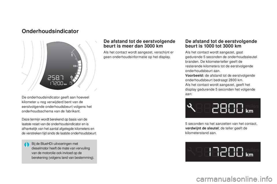 CITROEN DS3 2016 Instructieboekjes (in Dutch) DS3_nl_Chap01_controle-de-marche_ed01-2015
De onderhoudsindicator geeft aan hoeveel
kilometer u nog ver wijderd bent van de
eerstvolgende onderhoudsbeurt volgens het
onderhoudsschema van de fabrika CITROEN DS3 2016 Instructieboekjes (in Dutch) DS3_nl_Chap01_controle-de-marche_ed01-2015
De onderhoudsindicator geeft aan hoeveel
kilometer u nog ver wijderd bent van de
eerstvolgende onderhoudsbeurt volgens het
onderhoudsschema van de fabrika