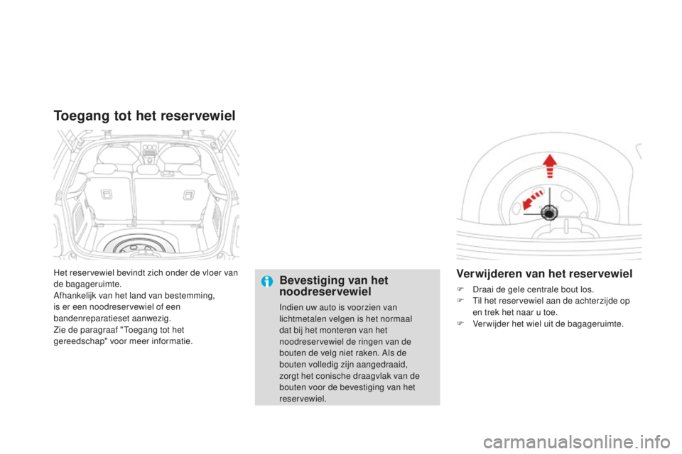 CITROEN DS3 2015 Instructieboekjes (in Dutch) DS3_nl_Chap10_info-pratiques_ed01-2014
Het reservewiel bevindt zich onder de vloer van
de bagageruimte.
Afhankelijk van het land van bestemming,
is er een noodreservewiel of een
bandenreparatieset CITROEN DS3 2015 Instructieboekjes (in Dutch) DS3_nl_Chap10_info-pratiques_ed01-2014
Het reservewiel bevindt zich onder de vloer van
de bagageruimte.
Afhankelijk van het land van bestemming,
is er een noodreservewiel of een
bandenreparatieset