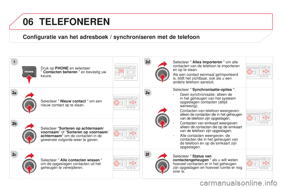 CITROEN DS3 2015  Instructieboekjes (in Dutch) 06
DS3_nl_Chap13b_rt6-2-8_ed01-2014
TELEFONEREN
Configuratie van het adresboek / synchroniseren met de telefoon
Druk op PHONE en selecteer  
" Contacten beheren " en bevestig uw 
keuze.
Select