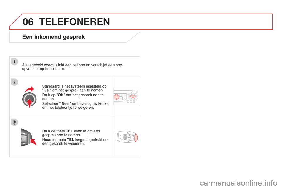 CITROEN DS3 2015 Instructieboekjes (in Dutch) 06
DS3_nl_Chap13b_rt6-2-8_ed01-2014
TELEFONEREN
Een inkomend gesprek
Als u gebeld wordt, klinkt een beltoon en verschijnt een pop-
upvenster op het scherm.Standaard is het systeem ingesteld op
" CITROEN DS3 2015 Instructieboekjes (in Dutch) 06
DS3_nl_Chap13b_rt6-2-8_ed01-2014
TELEFONEREN
Een inkomend gesprek
Als u gebeld wordt, klinkt een beltoon en verschijnt een pop-
upvenster op het scherm.Standaard is het systeem ingesteld op
"