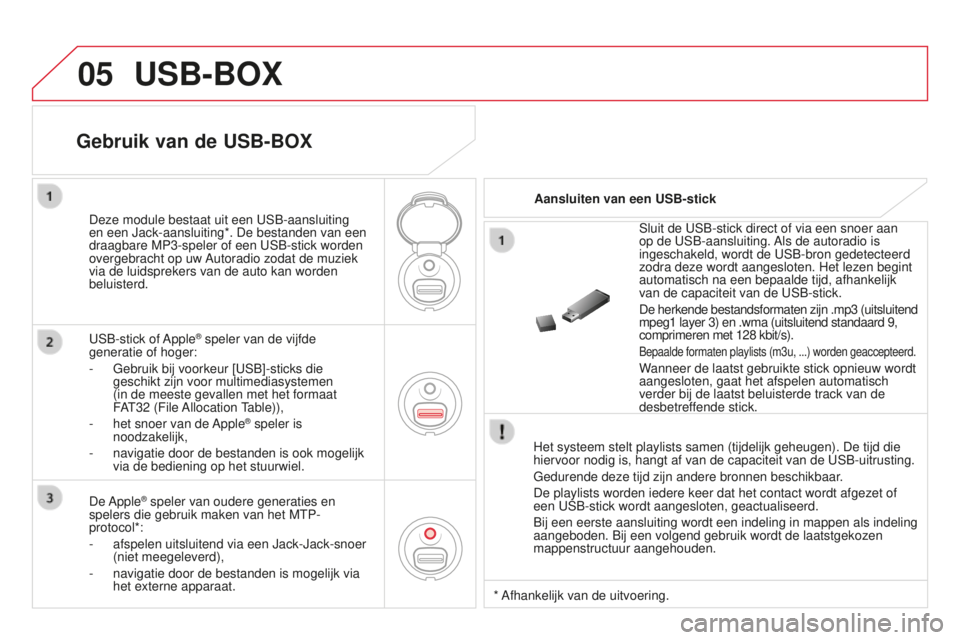 CITROEN DS3 2015 Instructieboekjes (in Dutch) 05
DS3_nl_Chap13c_rD45_ed01_2014
USB-BOX
Het systeem stelt playlists samen (tijdelijk geheugen). De tijd die
hiervoor nodig is, hangt af van de capaciteit van de u S b -uitrusting.
Gedurende deze tij CITROEN DS3 2015 Instructieboekjes (in Dutch) 05
DS3_nl_Chap13c_rD45_ed01_2014
USB-BOX
Het systeem stelt playlists samen (tijdelijk geheugen). De tijd die
hiervoor nodig is, hangt af van de capaciteit van de u S b -uitrusting.
Gedurende deze tij