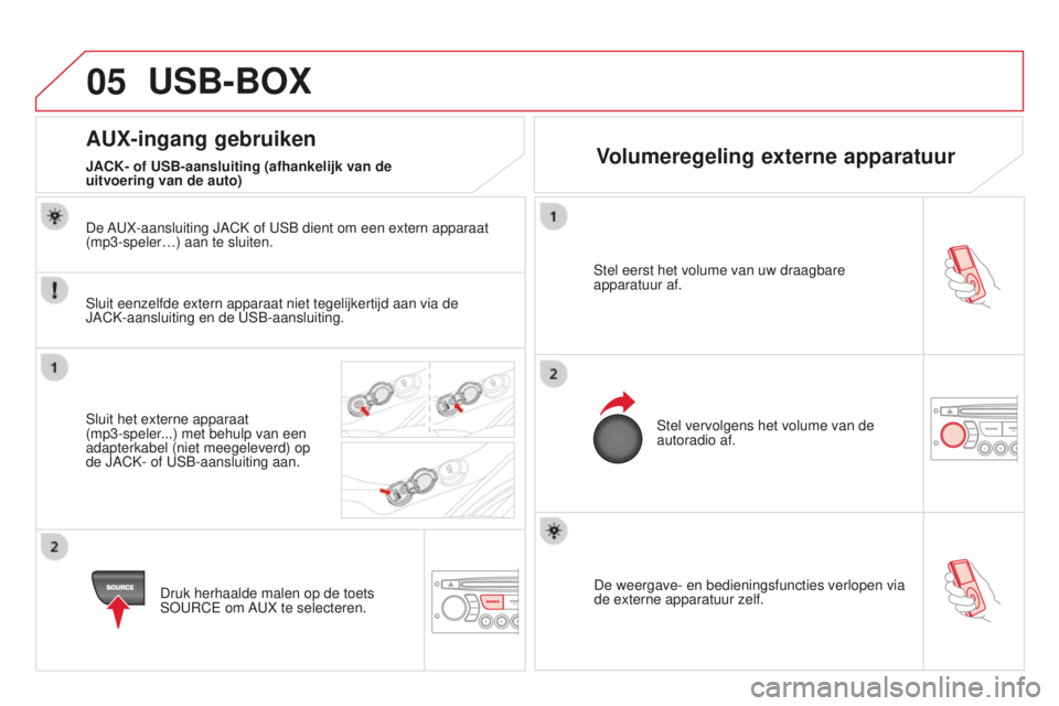 CITROEN DS3 2015 Instructieboekjes (in Dutch) 05
DS3_nl_Chap13c_rD45_ed01_2014
De weergave- en bedieningsfuncties verlopen via
de externe apparatuur zelf.
Stel eerst het volume van uw draagbare
apparatuur af.
Stel vervolgens het volume van de
CITROEN DS3 2015 Instructieboekjes (in Dutch) 05
DS3_nl_Chap13c_rD45_ed01_2014
De weergave- en bedieningsfuncties verlopen via
de externe apparatuur zelf.
Stel eerst het volume van uw draagbare
apparatuur af.
Stel vervolgens het volume van de