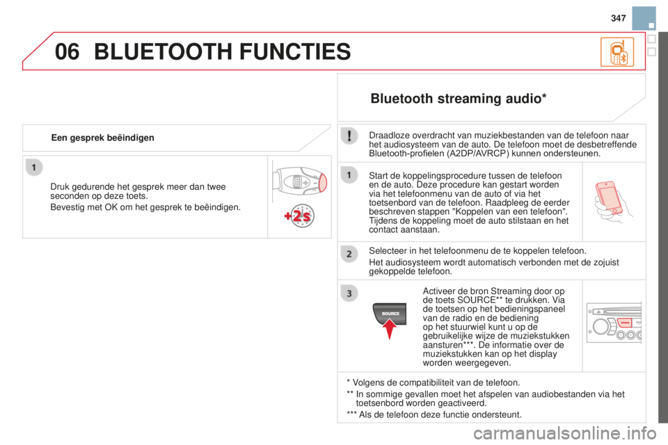 CITROEN DS3 2015 Instructieboekjes (in Dutch) 06
347
DS3_nl_Chap13c_rD45_ed01_2014
Start de koppelingsprocedure tussen de telefoon
en de auto. Deze procedure kan gestart worden
via het telefoonmenu van de auto of via het
toetsenbord van de tel CITROEN DS3 2015 Instructieboekjes (in Dutch) 06
347
DS3_nl_Chap13c_rD45_ed01_2014
Start de koppelingsprocedure tussen de telefoon
en de auto. Deze procedure kan gestart worden
via het telefoonmenu van de auto of via het
toetsenbord van de tel