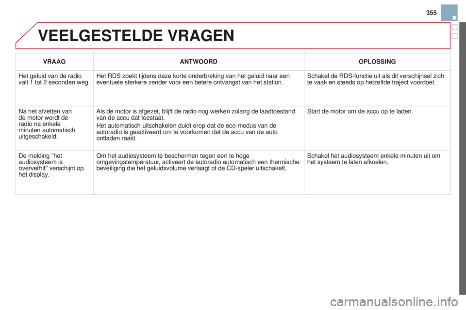 CITROEN DS3 2015 Instructieboekjes (in Dutch) 355
DS3_nl_Chap13c_rD45_ed01_2014
VEELGESTELDE VRAGEN
VRAAGANTWOORD OPLOSSING
Het geluid van de radio
valt 1
tot 2 seconden weg. Het
r DS zoekt tijdens deze korte onderbreking van het geluid naa CITROEN DS3 2015 Instructieboekjes (in Dutch) 355
DS3_nl_Chap13c_rD45_ed01_2014
VEELGESTELDE VRAGEN
VRAAGANTWOORD OPLOSSING
Het geluid van de radio
valt 1
tot 2 seconden weg. Het
r DS zoekt tijdens deze korte onderbreking van het geluid naa