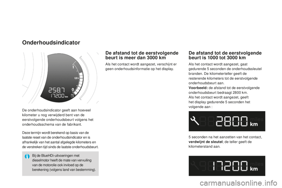 CITROEN DS3 2015  Instructieboekjes (in Dutch) DS3_nl_Chap01_controle-de-marche_ed01-2014
De onderhoudsindicator geeft aan hoeveel 
kilometer u nog ver wijderd bent van de 
eerstvolgende onderhoudsbeurt volgens het 
onderhoudsschema van de fabrika