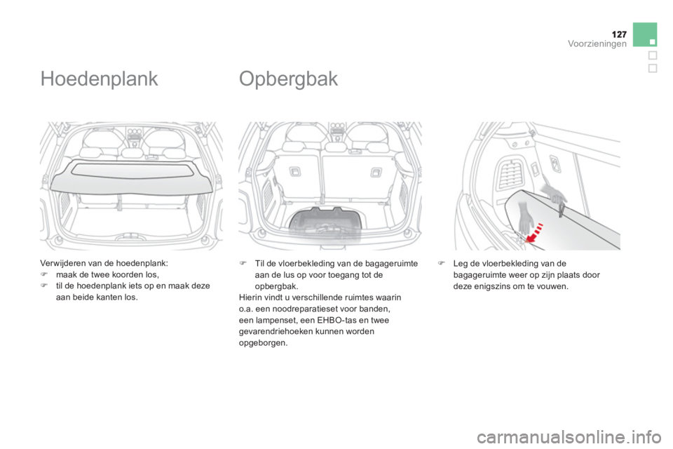 CITROEN DS3 2014  Instructieboekjes (in Dutch) Voor zieningen
   
Ver wijderen van de hoedenplank:�)maak de twee koorden los, �)til de hoedenplank iets op en maak deze aan beide kanten los.  
 
 
 
 
 
 
 
Hoedenplank 
�) 
 Til de vloerbekleding v