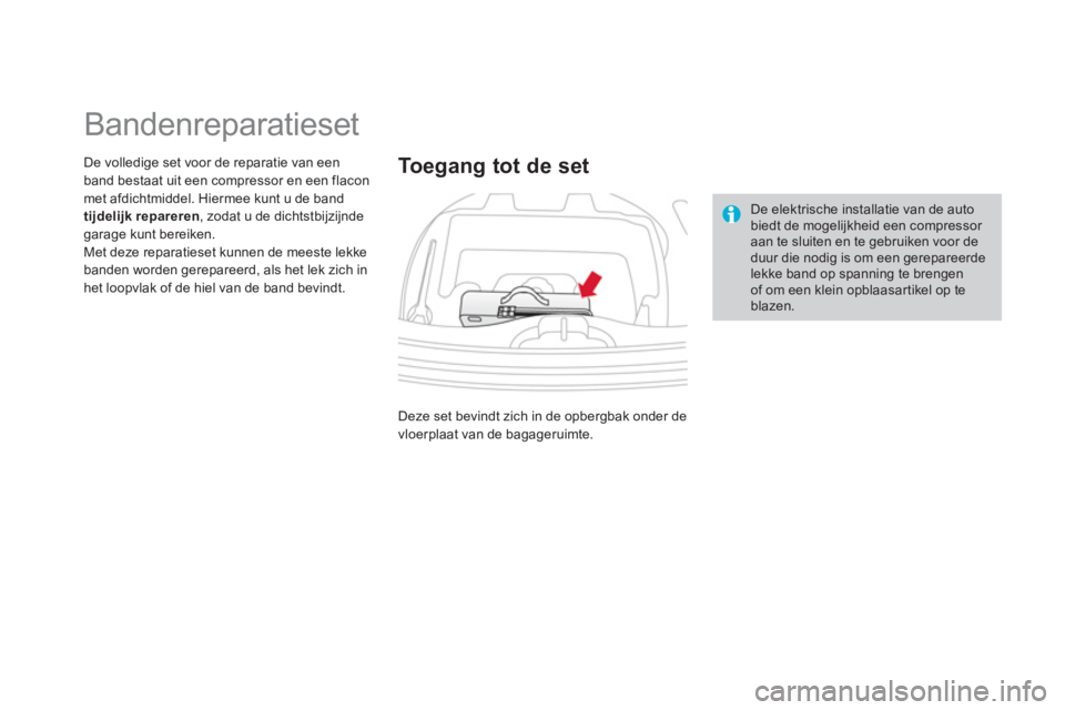 CITROEN DS3 2014 Instructieboekjes (in Dutch)
Bandenreparatieset
De volledige set voor de reparatie van een
band bestaat uit een compressor en een flacon met afdichtmiddel. Hiermee kunt u de band
tijdelijk r CITROEN DS3 2014 Instructieboekjes (in Dutch)
Bandenreparatieset
De volledige set voor de reparatie van een
band bestaat uit een compressor en een flacon met afdichtmiddel. Hiermee kunt u de band
tijdelijk r