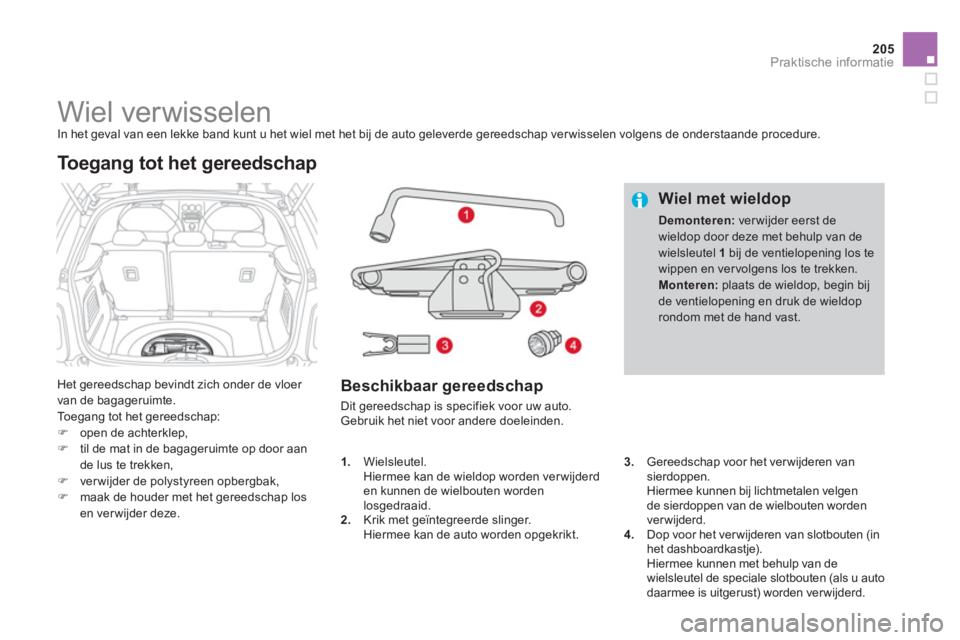 CITROEN DS3 2014  Instructieboekjes (in Dutch) 205
Praktische informatie
   
 
 
 
 
 
 
 
 
 
 
 
 
 
Wiel verwisselen  In het geval van een lekke band kunt u het wiel met het bij de auto geleverde gereedschap verwisselen volgens de onderstaande 