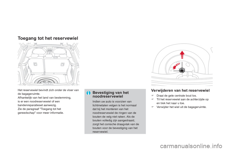 CITROEN DS3 2014  Instructieboekjes (in Dutch) Het reservewiel bevindt zich onder de vloer van
de bagageruimte. 
 
Afhankelijk van het land van bestemming,
is er een noodreservewiel of een
bandenreparatieset aanwezig. 
Zie de paragraaf "Toegang to
