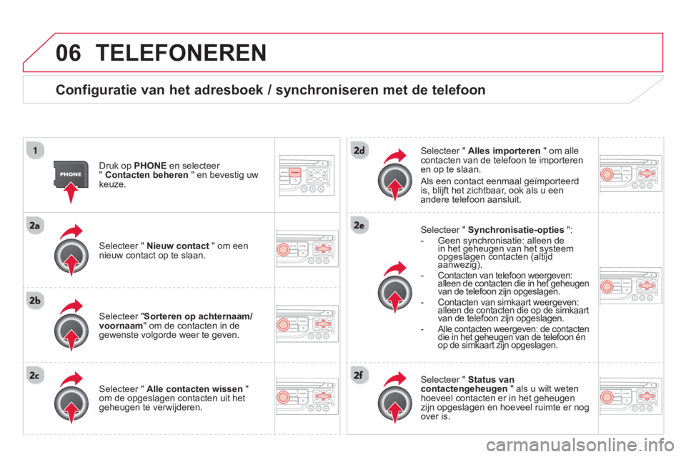 CITROEN DS3 2014 Instructieboekjes (in Dutch) 06TELEFONEREN
Configuratie van het adresboek / synchroniseren met de telefoon
Druk op PHONEen selecteer
"Contacten beheren" en bevestig uw
keuze.
Selecteer " Nieuw contact" om een nieu CITROEN DS3 2014 Instructieboekjes (in Dutch) 06TELEFONEREN
Configuratie van het adresboek / synchroniseren met de telefoon
Druk op PHONEen selecteer
"Contacten beheren" en bevestig uw
keuze.
Selecteer " Nieuw contact" om een nieu
