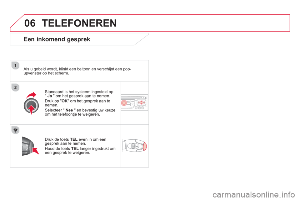 CITROEN DS3 2014 Instructieboekjes (in Dutch) 06TELEFONEREN
Een inkomend gesprek
Als u gebeld wordt, klinkt een beltoon en verschijnt een pop-upvenster op het scherm.
Standaard is het s
ysteem ingesteld op "Ja " om het gesprek aan te CITROEN DS3 2014 Instructieboekjes (in Dutch) 06TELEFONEREN
Een inkomend gesprek
Als u gebeld wordt, klinkt een beltoon en verschijnt een pop-upvenster op het scherm.
Standaard is het s
ysteem ingesteld op "Ja " om het gesprek aan te