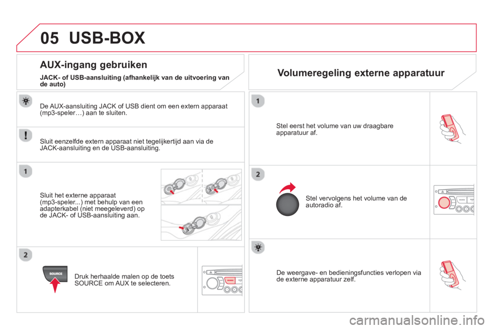 CITROEN DS3 2014 Instructieboekjes (in Dutch) 05
De weergave- en bedieningsfuncties verlopen via
de externe apparatuur zelf.
Stel eerst het volume van uw draagbare
apparatuur af.
Stel vervolgens het volume van de autoradio af.
CITROEN DS3 2014 Instructieboekjes (in Dutch) 05
De weergave- en bedieningsfuncties verlopen via
de externe apparatuur zelf.
Stel eerst het volume van uw draagbare
apparatuur af.
Stel vervolgens het volume van de autoradio af.