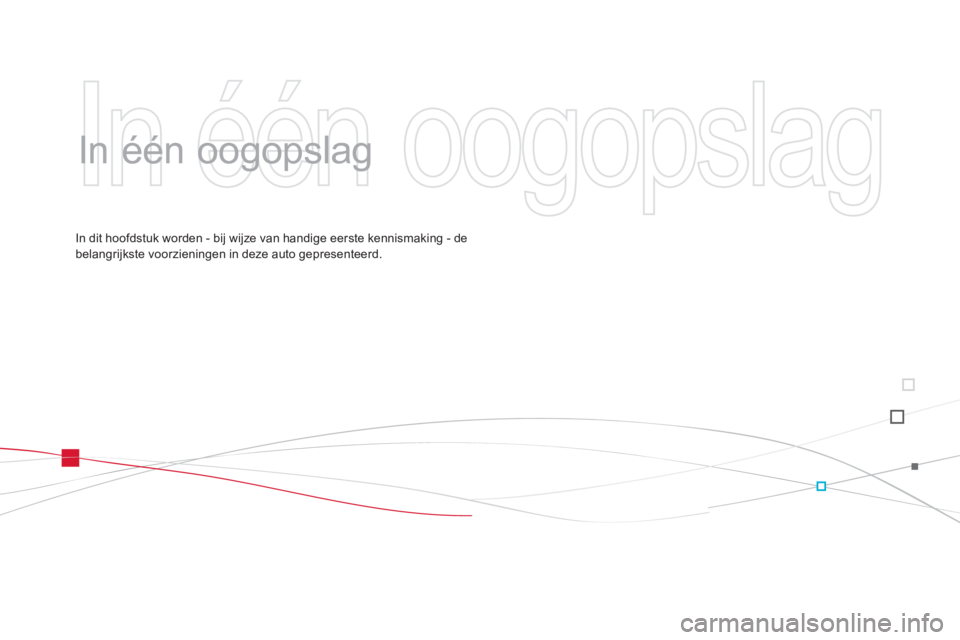 CITROEN DS3 2014  Instructieboekjes (in Dutch)  In één oogopslag 
 
   
In één oogopslag  
In dit hoofdstuk worden - bij wijze van handige eerste kennismaking - de
belangrijkste voorzieningen in deze auto gepresenteerd.  
  