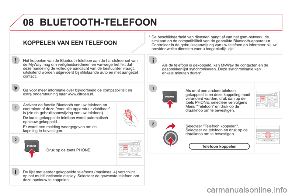 CITROEN DS3 2013 Instructieboekjes (in Dutch) 08
1
2
2
1
*
De beschikbaarheid van diensten hangt af van het gsm-netwerk, desimkaart en de compatibiliteit van de gebruikte Bluetooth-apparatuur. Controleer in de gebruiksaanwijzing van uw te CITROEN DS3 2013 Instructieboekjes (in Dutch) 08
1
2
2
1
*
De beschikbaarheid van diensten hangt af van het gsm-netwerk, desimkaart en de compatibiliteit van de gebruikte Bluetooth-apparatuur. Controleer in de gebruiksaanwijzing van uw te
