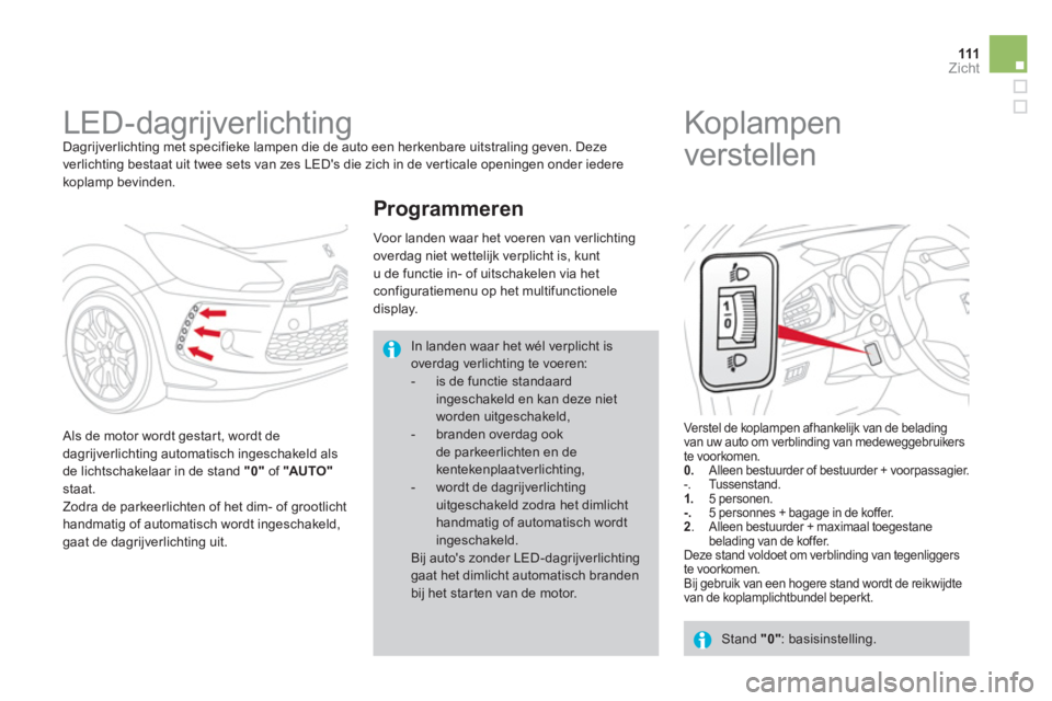 CITROEN DS3 2011  Instructieboekjes (in Dutch) 111Zicht
   
 
 
 
 
LED-dagrijverlichting  
Dagrijverlichting met specifieke lampen die de auto een herkenbare uitstraling geven. Deze
verlichting bestaat uit twee sets van zes LEDs die zich in de v