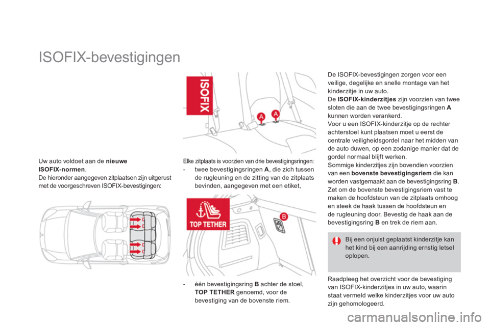 CITROEN DS3 2011 Instructieboekjes (in Dutch) Uw auto voldoet aan de nieuwe ISOFIX-normen.De hieronder aangegeven zitplaatsen zijn uitgerustmet de voorgeschreven ISOFIX-bevestigingen:
ISOFIX-bevestiginge CITROEN DS3 2011 Instructieboekjes (in Dutch) Uw auto voldoet aan de nieuwe ISOFIX-normen.De hieronder aangegeven zitplaatsen zijn uitgerustmet de voorgeschreven ISOFIX-bevestigingen:
ISOFIX-bevestiginge