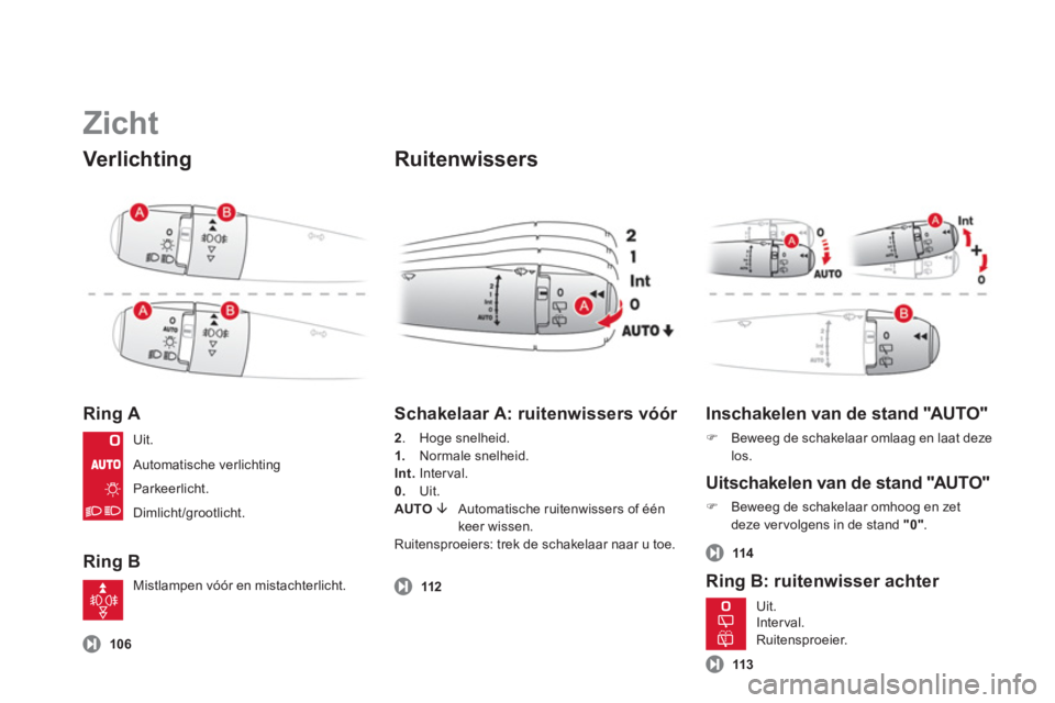 CITROEN DS3 2011  Instructieboekjes (in Dutch)    
Zicht 
 
Verlichting
Ring A 
Ring B 
 
 
Ruitenwissers
106
 
 
Schakelaar A: ruitenwissers vóór 
2 
. Hoge snelheid.
1.Normale snelheid. 
Int.Interval.
0.   Uit. 
AUTO �È  Automatische ruitenwi